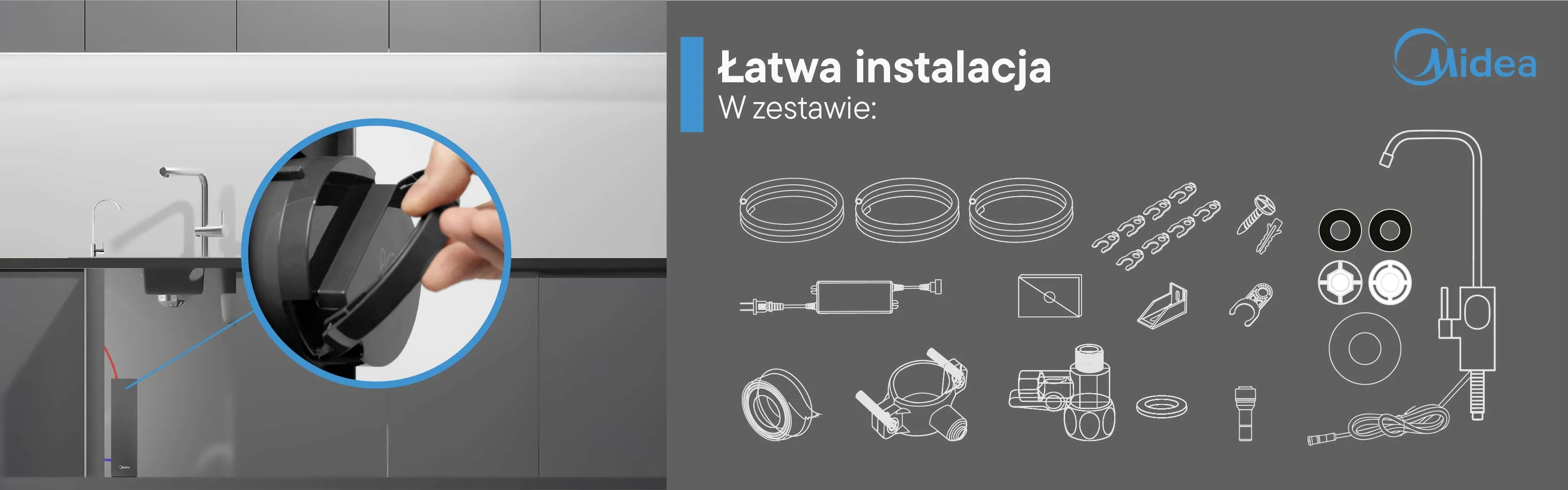 Filtr Midea 800GPD SMART w zestawie z niezbędnymi akcesoriami i elementami motażowymi!